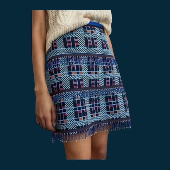 NWT Anthropologie Maeve Beaded Fringe Mini Skirt in Blue Motif - Size 0 - Picture 2 of 8